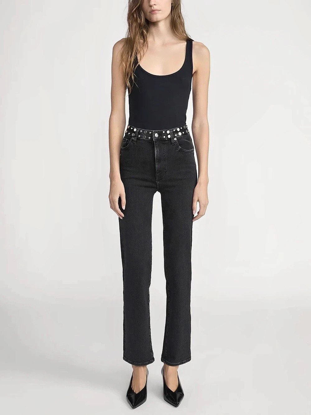 NEW W TAGS Frame Le Sleek Straight Studded Black Denim Jeans 30 Orig $398